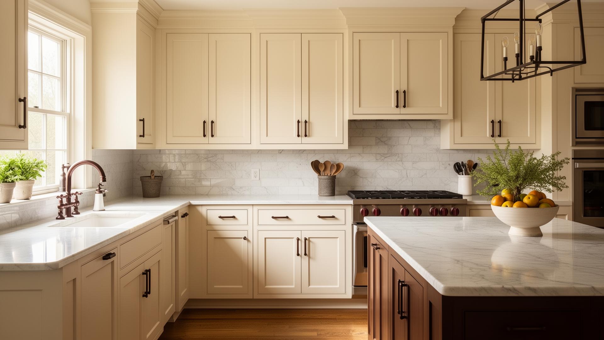 Freshly refinished cream-white kitchen cabinets
